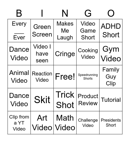 YT Shorts Bingo Card
