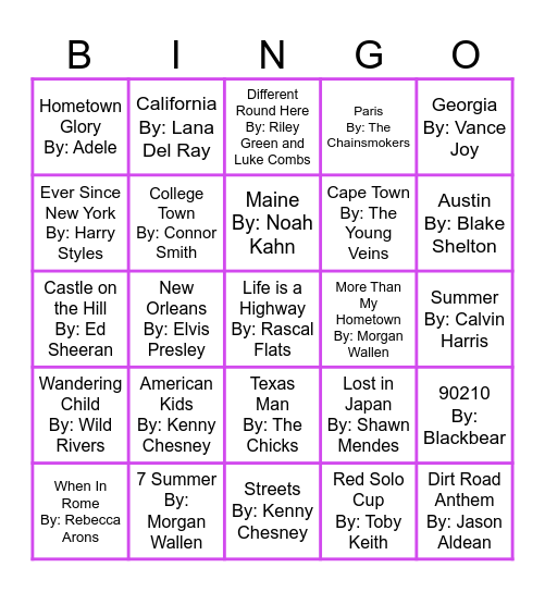 Songs About Places Round 3 Bingo Card