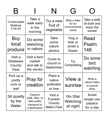 Season of Creation Bingo Card