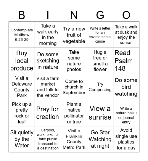 Season of Creation Bingo Card