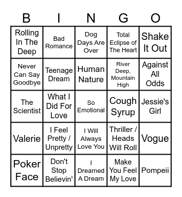 Glee! Bingo Card