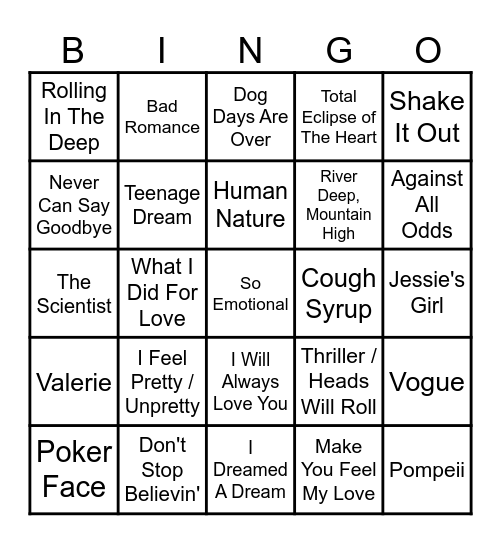 Glee! Bingo Card