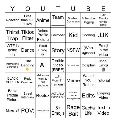 Youtube Shorts Cringe Bingo Card