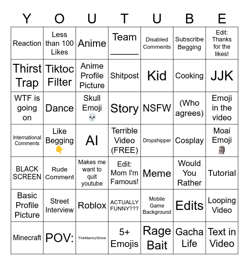 Youtube Shorts Cringe Bingo Card