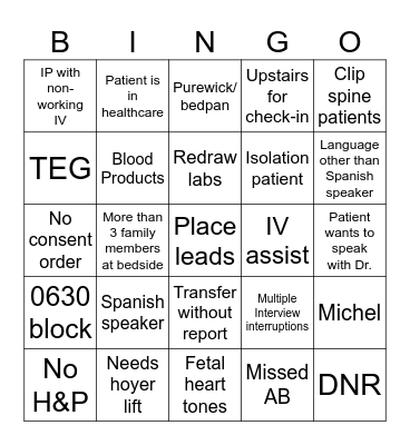 Preop Bingo Card