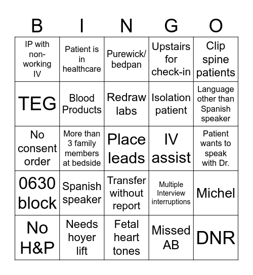 Preop Bingo Card