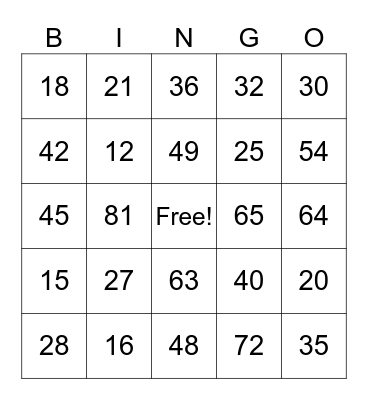 Multiplication Bingo Card
