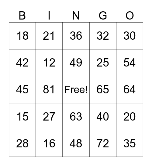 Multiplication Bingo Card