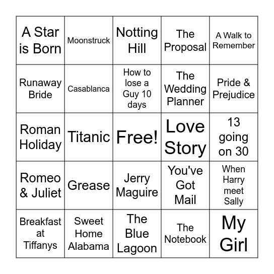 Romance Movies Bingo Card