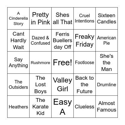 Teen Movies Bingo Card