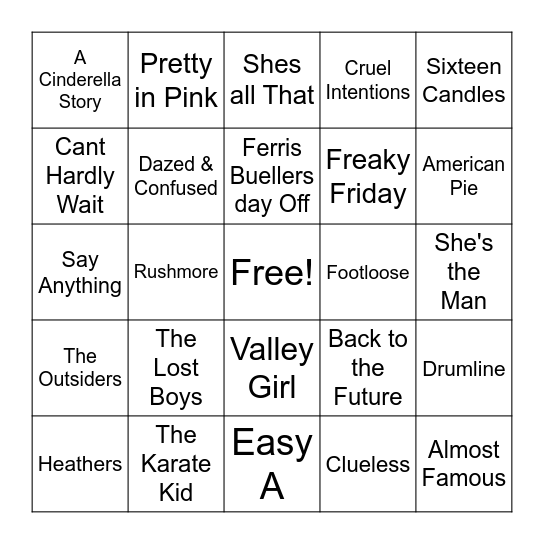 Teen Movies Bingo Card