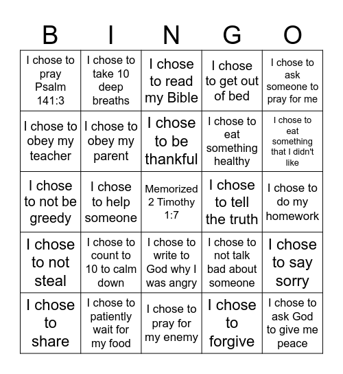 Self-Control: The Choice Is Yours Bingo Card