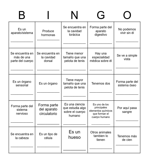 Cuerpo Humano Bingo Card