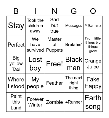 7A English Songs Term 3 Bingo Card