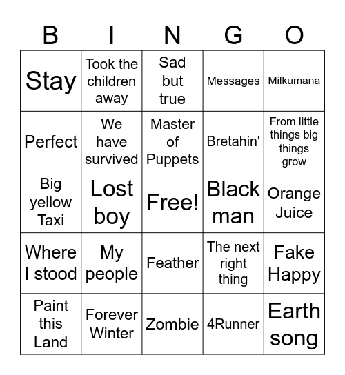 7A English Songs Term 3 Bingo Card