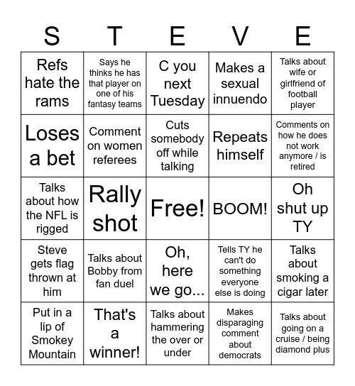 If Steve says it you X it! Bingo Card