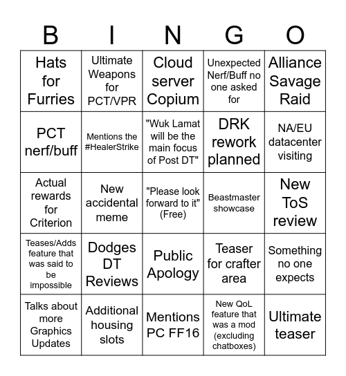 Dawntrail First Liveletter Bingo Card