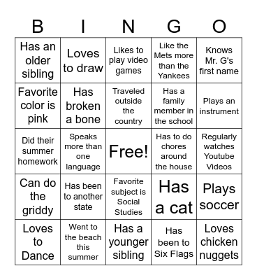 First Day of School Bingo Card