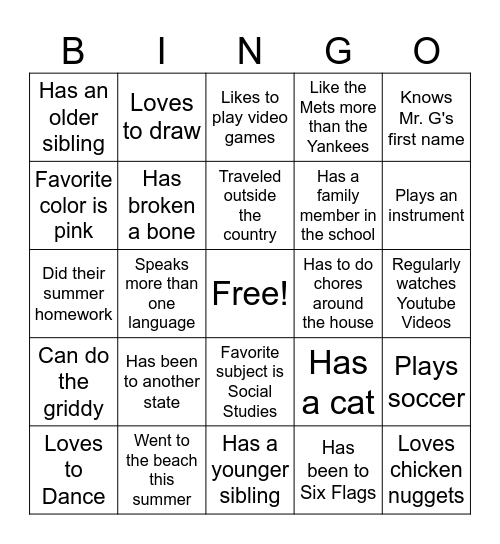 First Day of School Bingo Card