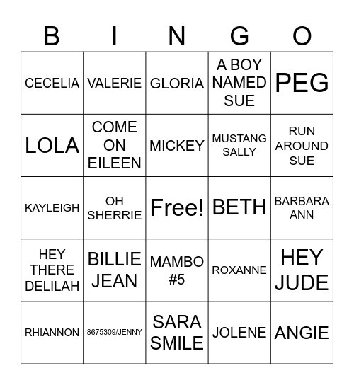 Songs with Names Bingo Card