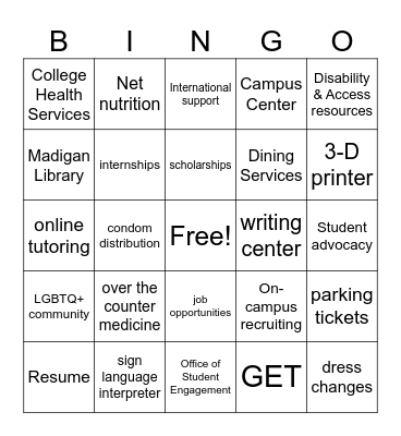 College Resources Bingo Card