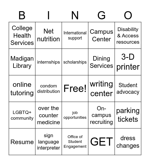 College Resources Bingo Card