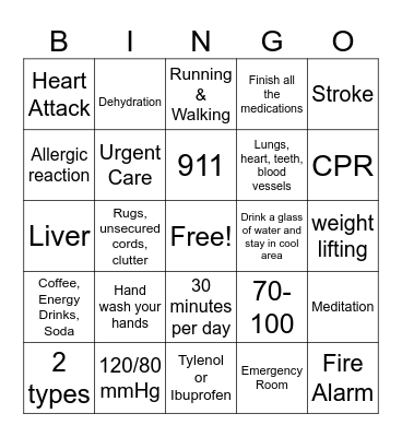 Be Healthy Bingo Card