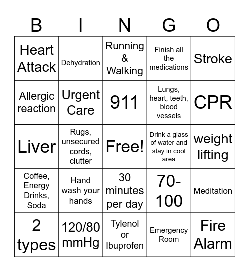 Be Healthy Bingo Card