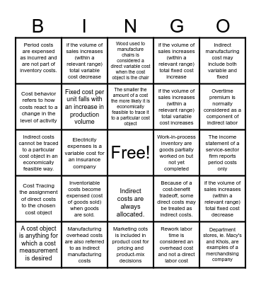 Which Statement about cost is True ? Bingo Card