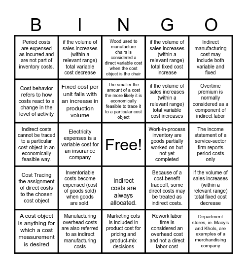 Which Statement about cost is True ? Bingo Card