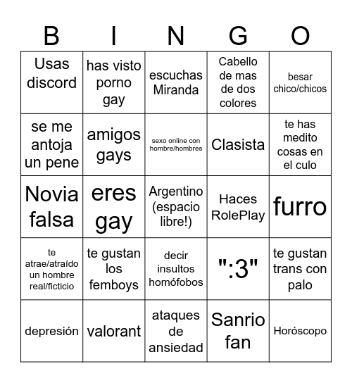 Gay bingo Card