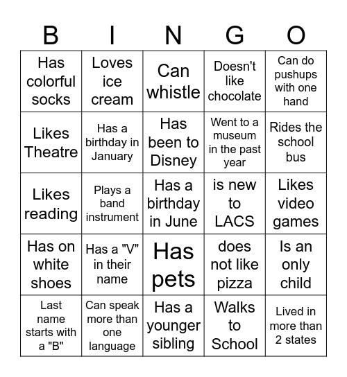 Middle School BINGO: Find someone who... Bingo Card