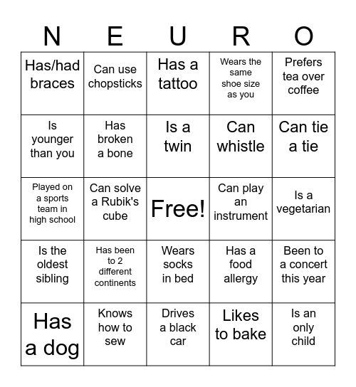 Get to know you bingo! Bingo Card