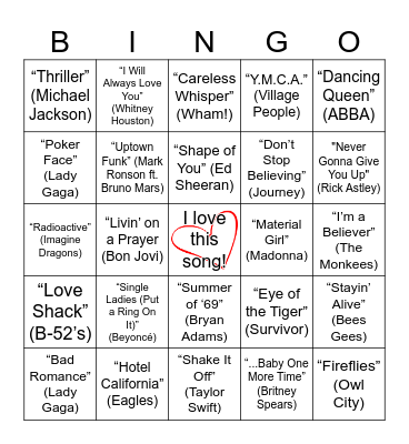 Musical Bingo Card