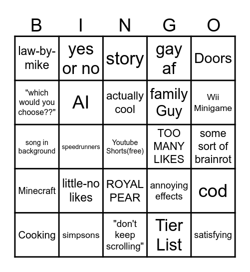shortts Bingo Card