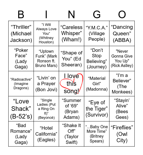 Musical Bingo Card