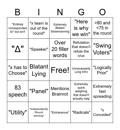 Debate Round Bingo Card