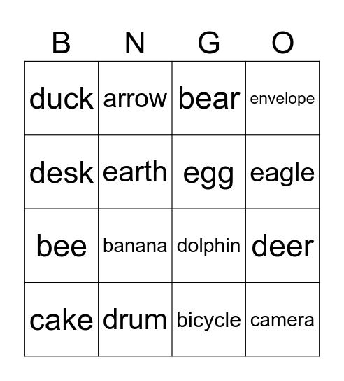 Letters A-E Bingo Card