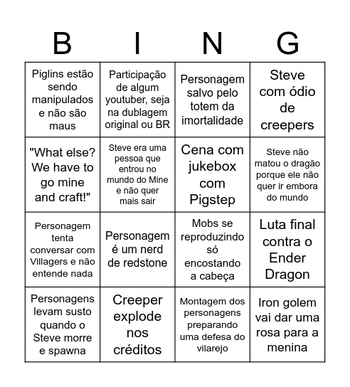 Filme do Minecraft Bingo Card