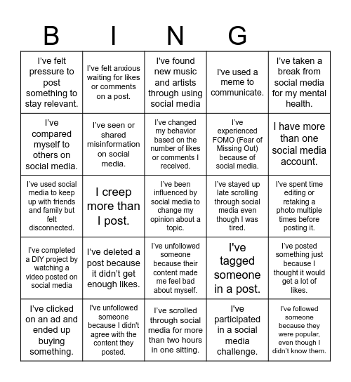 Social Dilemma BINGO Card