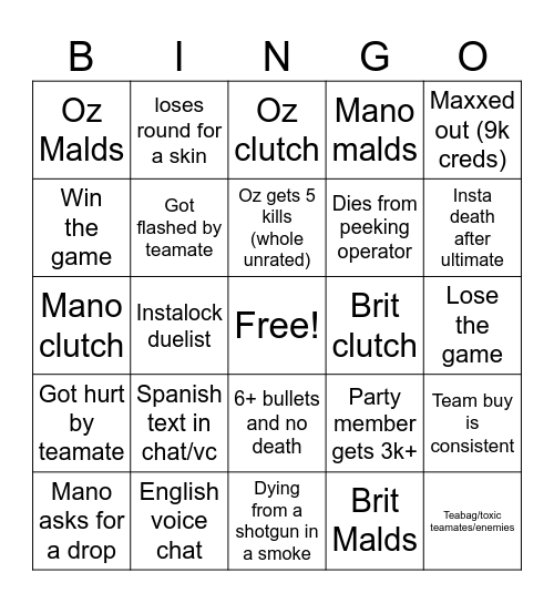 Valorant Bingo Card