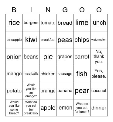 STARTERS_UNIT 4: FOOD! Bingo Card