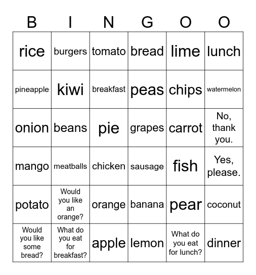 STARTERS_UNIT 4: FOOD! Bingo Card