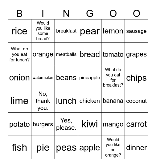 STARTERS_UNIT 4: FOOD! Bingo Card