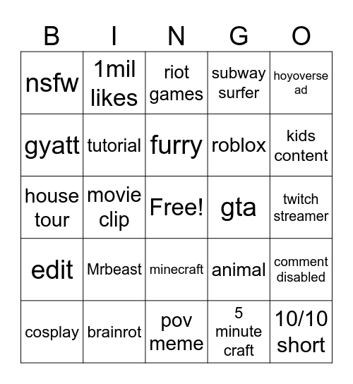 cringe yt shorts Bingo Card