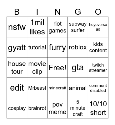 cringe yt shorts Bingo Card