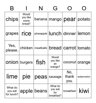 STARTERS_UNIT 4:FOOD! Bingo Card