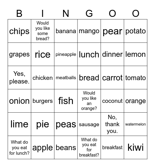 STARTERS_UNIT 4:FOOD! Bingo Card