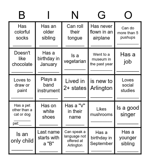 Middle School BINGO: Find someone who... Bingo Card