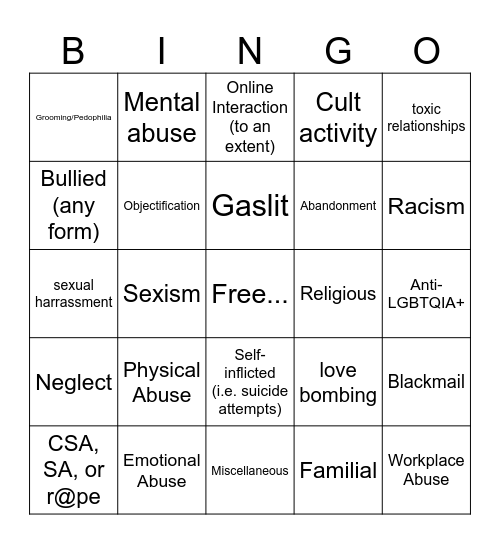 Trauma You Have Bingo Card